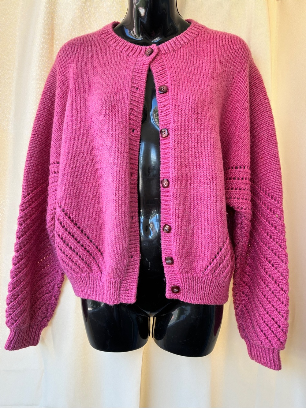 Homemade Hand Knit Pink Pointelle Detail Dolman Sleeve Sweater Cardigan